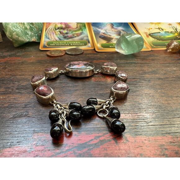 Rhodonite Indian Ruby Black Onyx Sterling Handmade 925 Bracelet - Picture 5 of 7